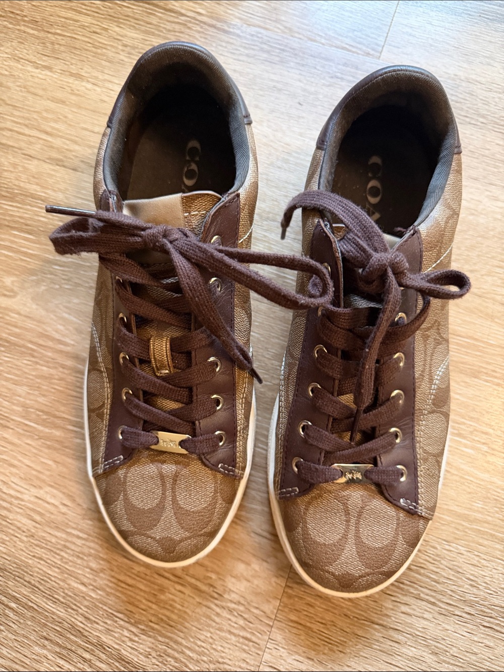 Coach Brown Signature Canvas Low-Top Sneakers with Dark Brown Laces